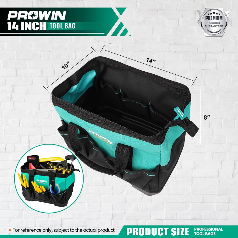 Prowin 14-inch Tool Bag, Multi-pocket Tool Organizer with Plastic Waterproof Bottom, Wide Mouth Tool Tote Bag with Inside Pockets for Construction, Carpentry, Gardening, Electrician, DIY - Image 3